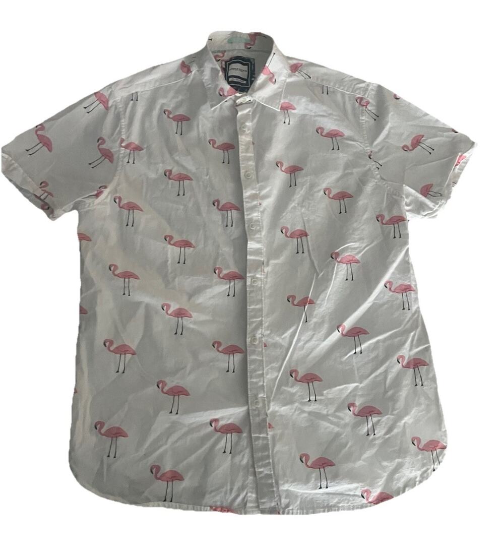 Denim & Flower Men’s Ricky Singh Shirt L Slim Fit White Button Up Tropical Fun